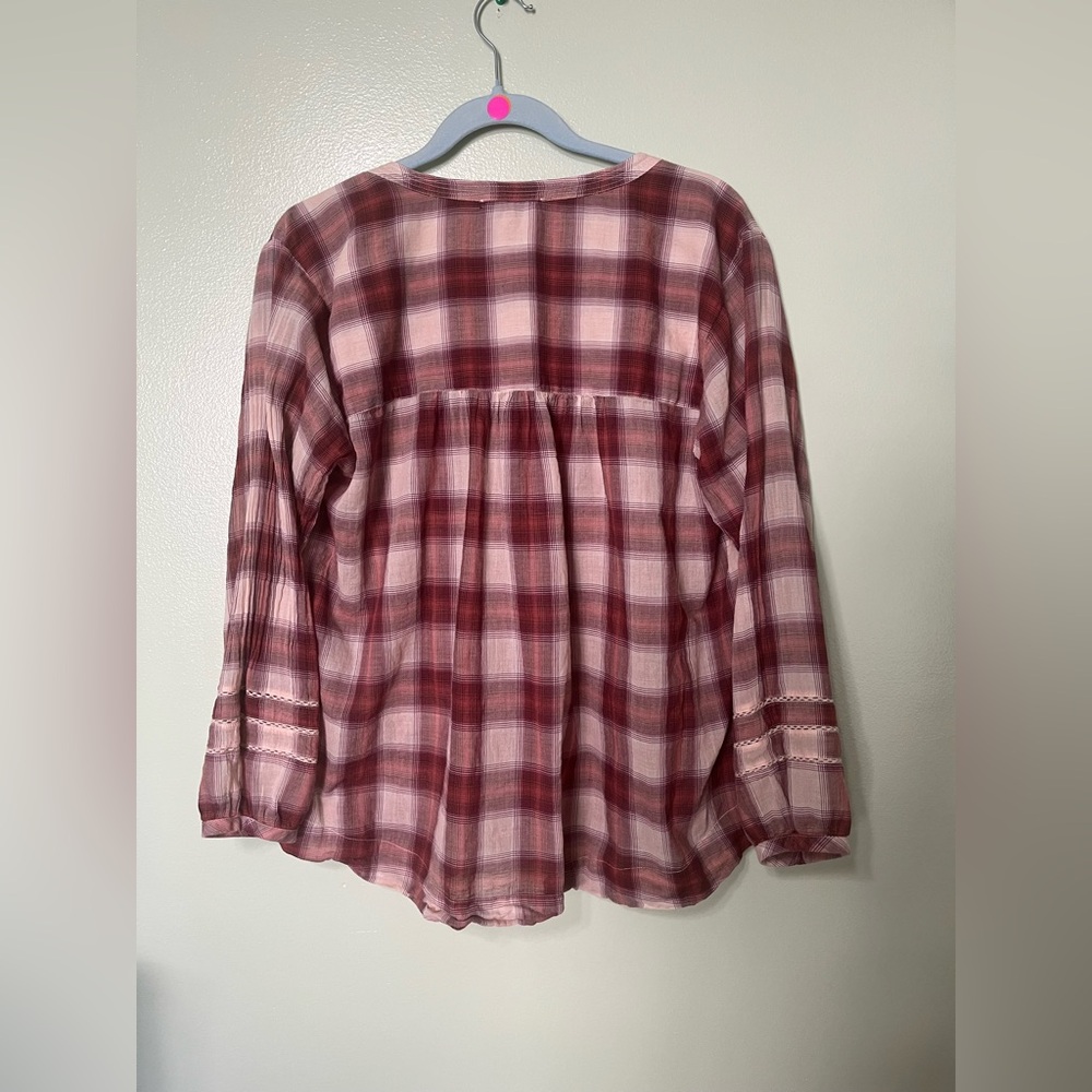 Lucky Brand 100% Cotton Mauve Plaid Henley Peasant Blouse Size Large - Picture 3 of 9
